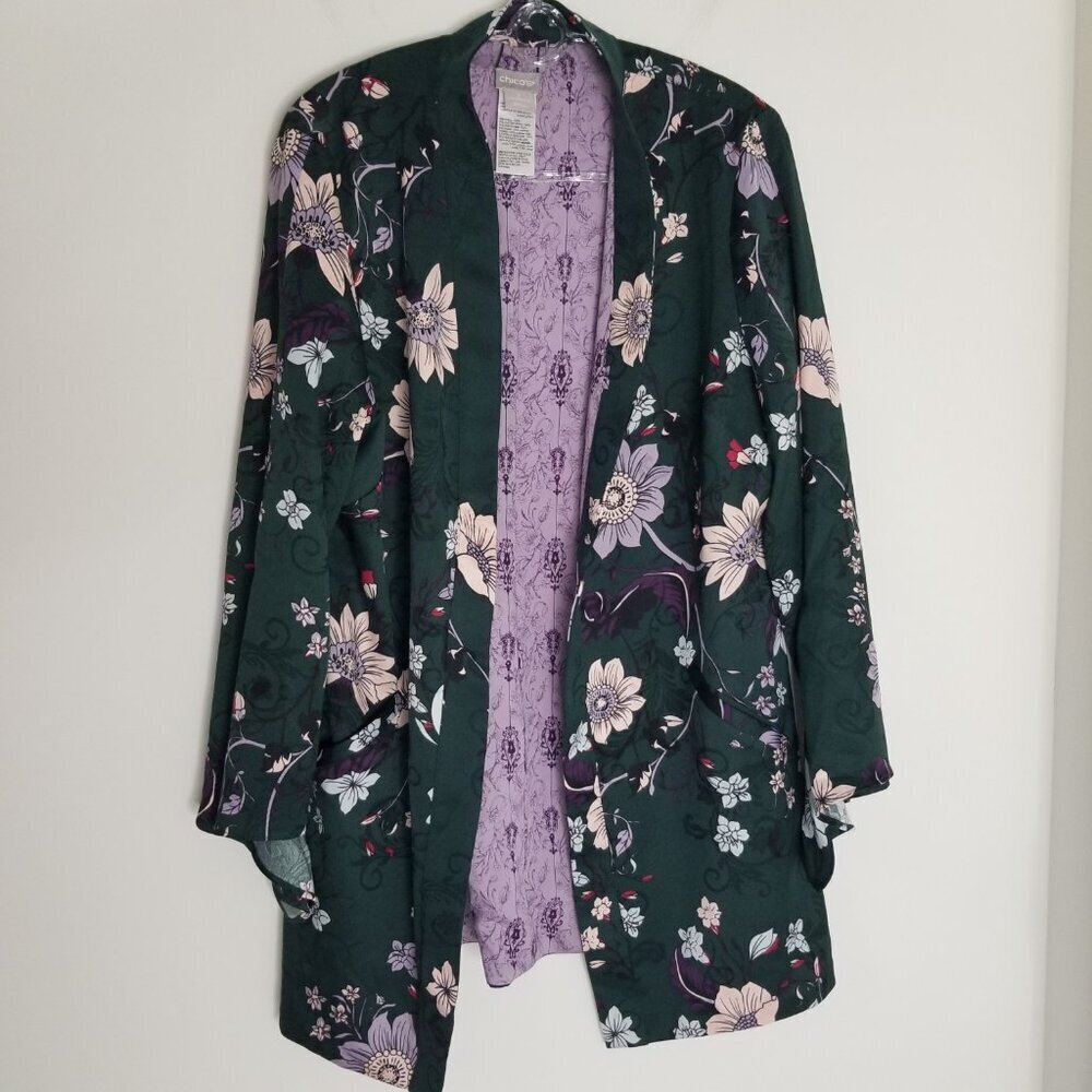 Chico's Floral Kimono Jacket Tie Sleeves Pocket Mature Boho Art To Wear Blazer M